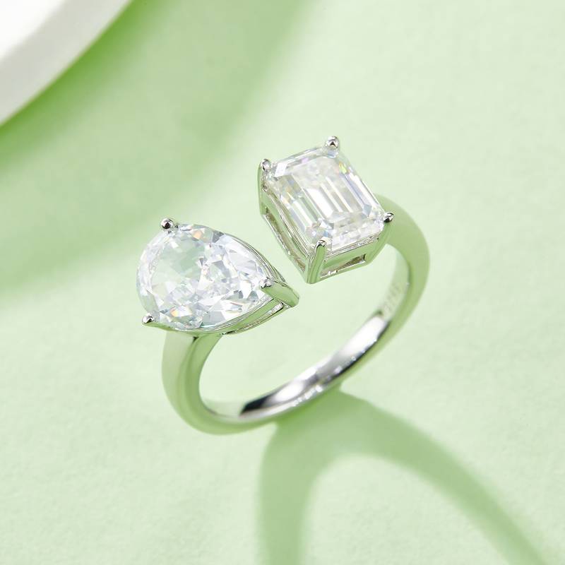 梨形冰花切AND长方MoissaniteS925银镀白金Women's Ring2ctD级